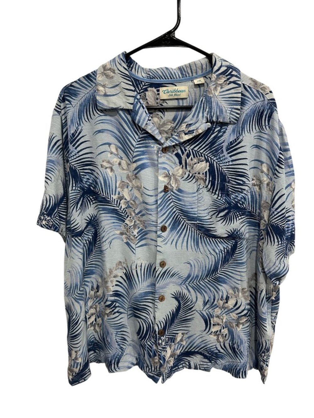 Caribbean Silk Blend Palm Button Up Shirt Blue Sz 2XB Short Sleeve Hawaiian